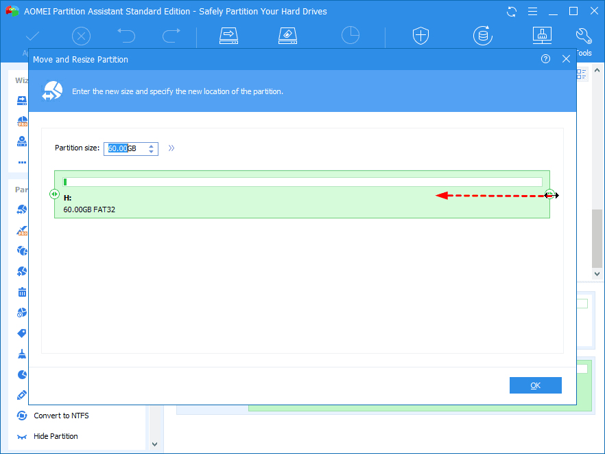 In this window, drag the double-headed arrow inward to shrink the FAT32 partition. Then, click “OK”.