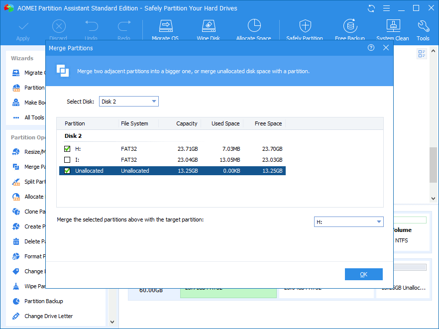 Now, check the box before “Unallocated” to merge the non-contiguous unallocated space into partition H. Then, click “OK”.