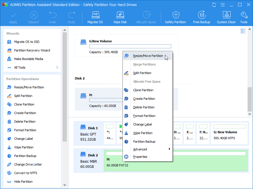 On the home interface of the software, right click the external hard drive partition that you want to enlarge (here is partition H), and choose “Merge Partitions”.